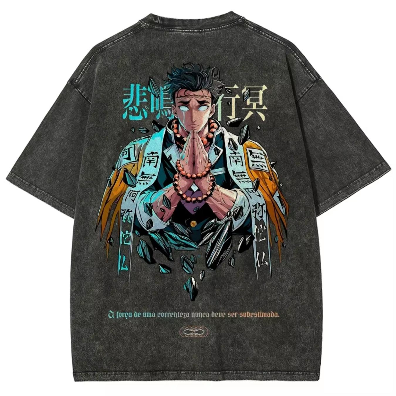 Devil Killer Gyomei Himejima Stone Hashira Printed Washed T-shirt 2026 Summer Men's and Women's Oversized Street Wear, Casual Sports Loose Comfortable Short Sleeve Fashion Top