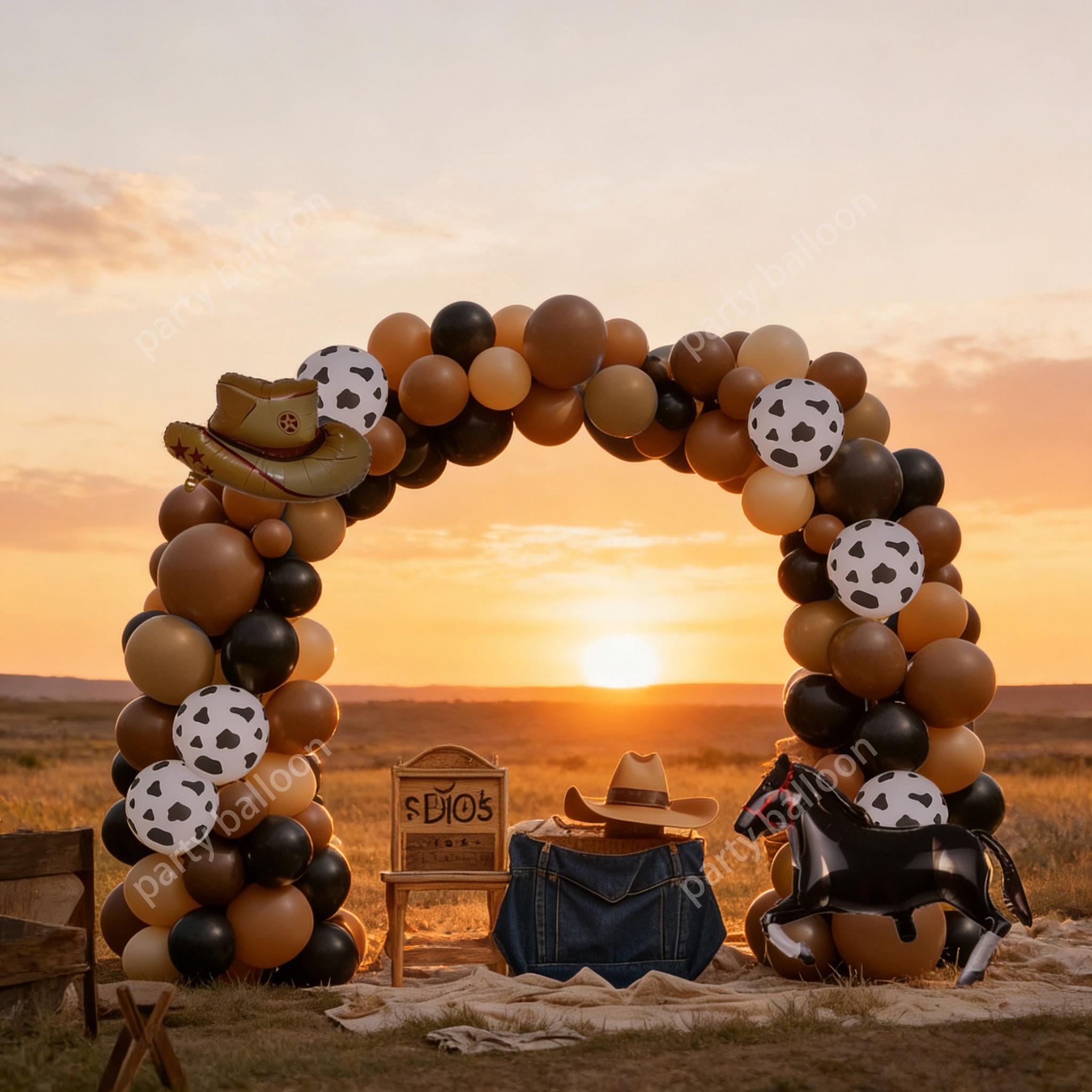 Western Cowboy Farm Theme Balloon Arch Set, 142 Pieces, Latex Balloons, Cow Hat, Horse Balloons, Party Decorations