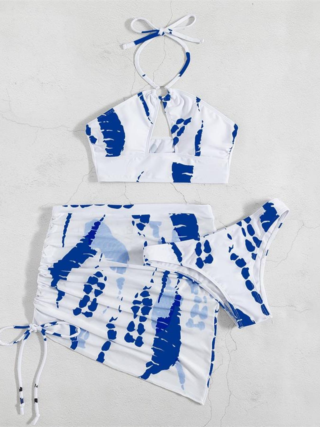 Three-Piece Set Women's Colorblock Cut Out Set, Ring Linked Bra & Ruched Skirt & High Cut Panty, Bikini Sets, Women's Swimwear for Summer Beach Holiday, Swimsuit Style Bikini