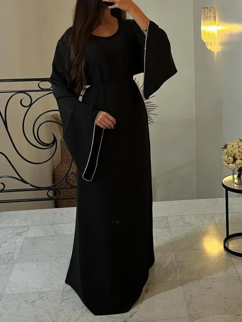 Elegant Water Drill Sleeve Round Neck Dress, Slim-Fitting Flare Sleeves, Perfect for Spring & Fall Formal Events