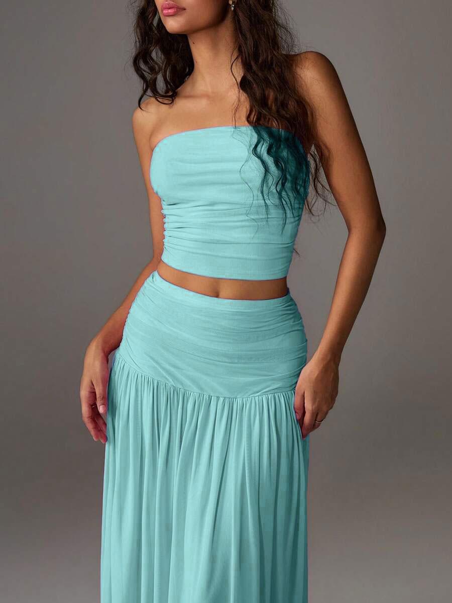 Women's Mesh Solid Color Halter Top Sleeveless and Long Dress Two-Piece Set, Breathable Summer Outfit, Elegant and Comfortable for Daily Wear, Neck Top Set
