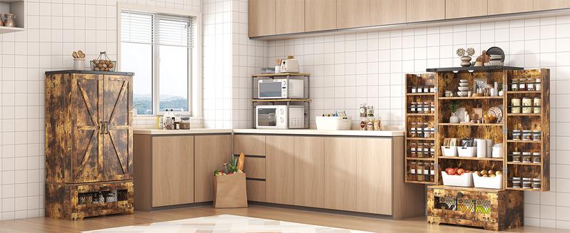 47" Pantry Cabinets with Adjustable Shelves and Drawer, Farmhouse Kitchen Pantry Storage Cabinet, Buffet Cupboards Sideboard for Kitchen, Dining Room, Living Room Use