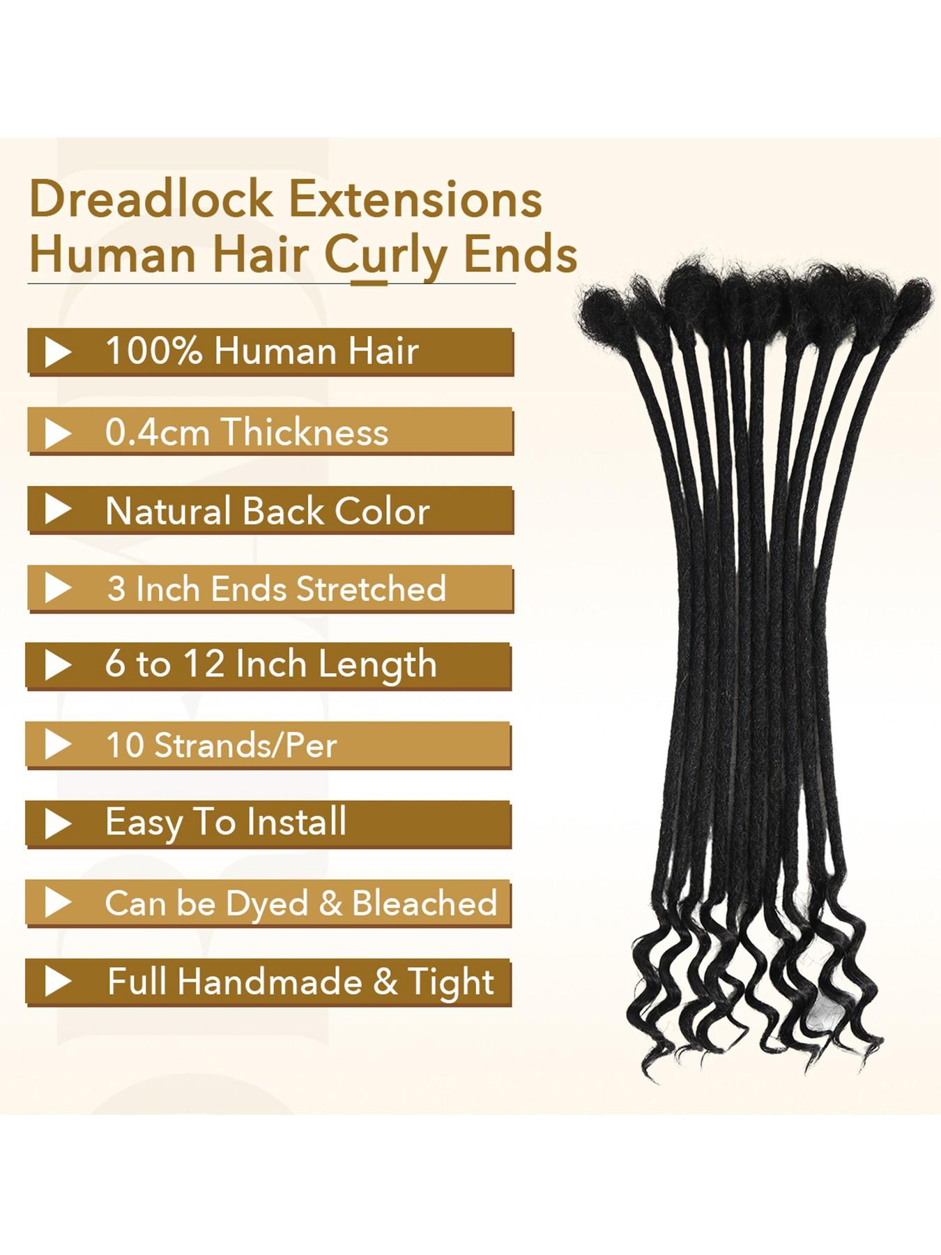 100% Real Human Hair 0.4cm Width 8 Inch Loc extensions Human Hair with Curly Ends 30 Strands per pack Full Handmade Dreadlock Extensions Can be dyed and bleached for Men Women Kids