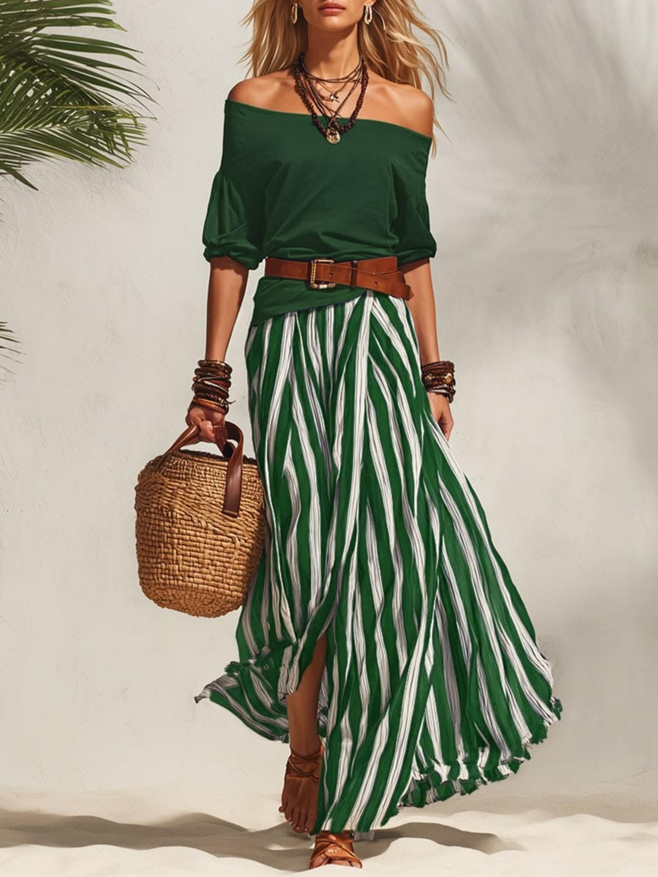 Women's 2 Piece Boho Off Shoulder T Shirt and Striped Maxi Skirt Outfit, Casual Vacation Matching Set, Summer Beach Resort Wear