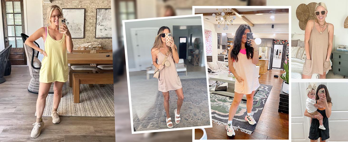 Ommig Womens Athletic Sleeveless Mini Dress with Built-in Shorts V Neck Spaghetti Strap Sundress