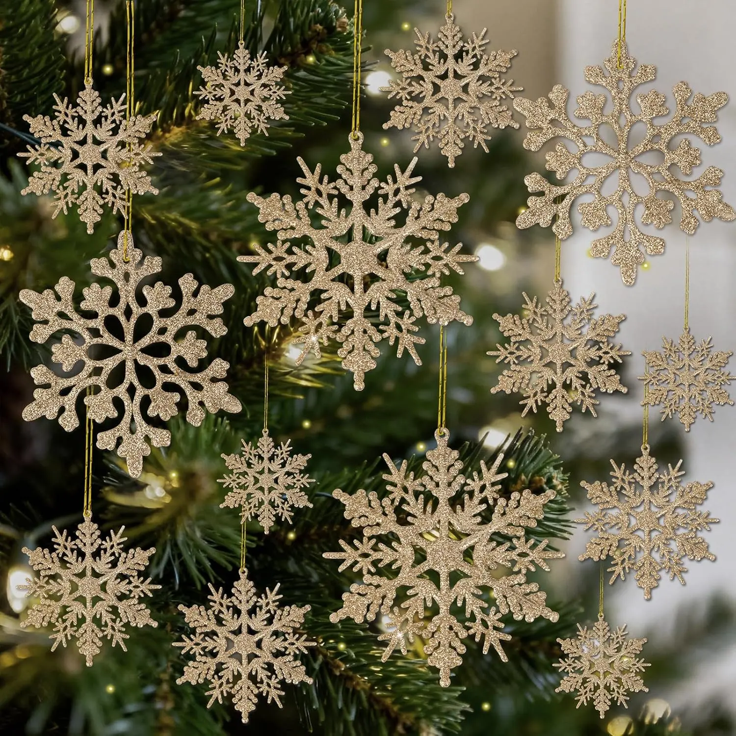 42 count Champagne  Snowflake Ornaments - Christmas Tree Decorations,  Snowflake Decorations, Plastic Glitter Snow Flakes for Christmas, Winter, Party