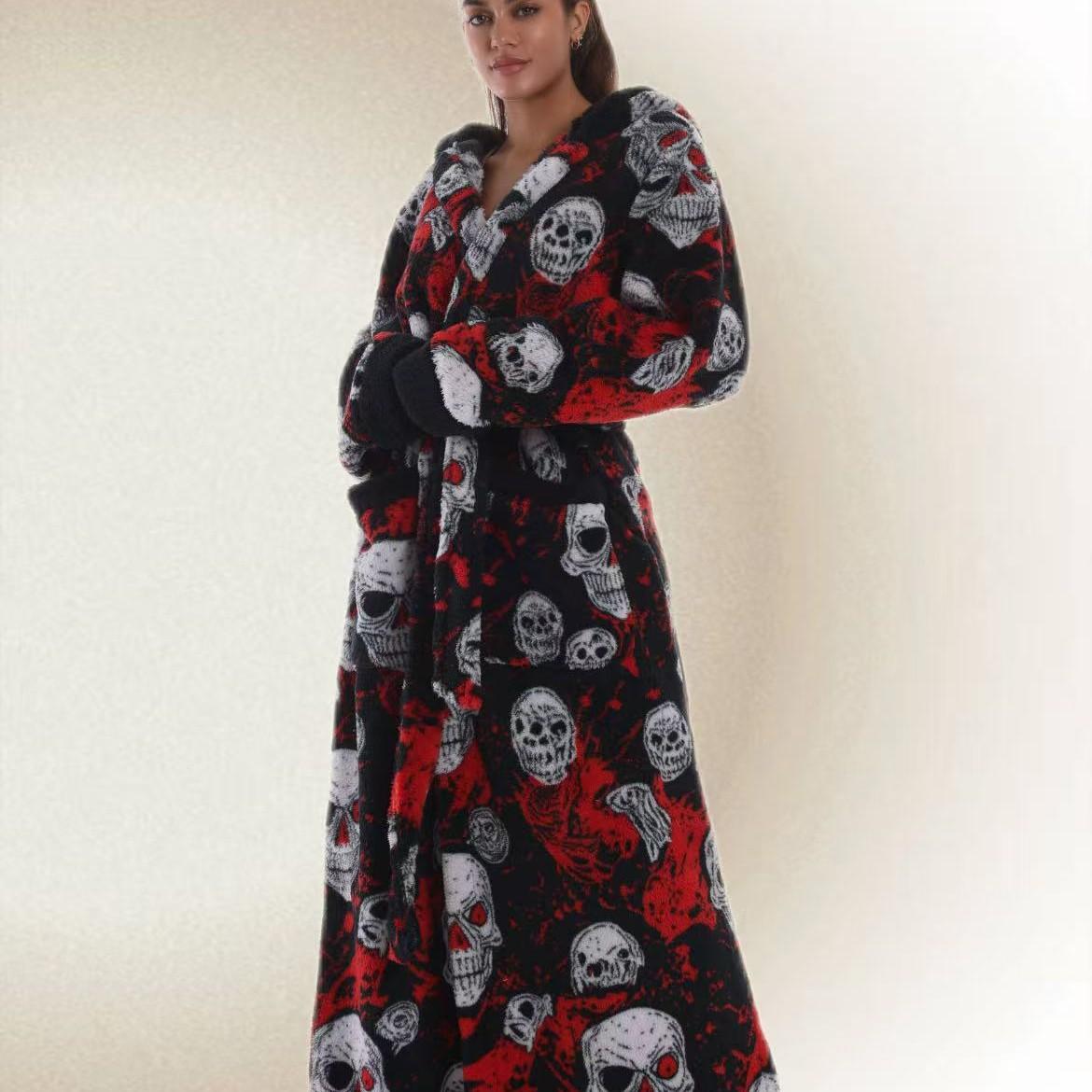 1pc Skull Print Flannel Bathrobe, Plus Size with Hat and Belt, Unisex, Soft and Warm, Perfect Gift