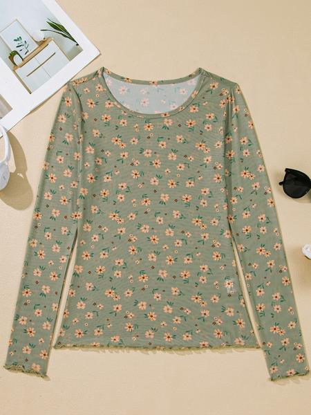 Vintage Floral Print Southern Style Mesh Long Sleeve Top, Women's Casual Fashion, Spring & Fall Wear, Comfortable and Stylish