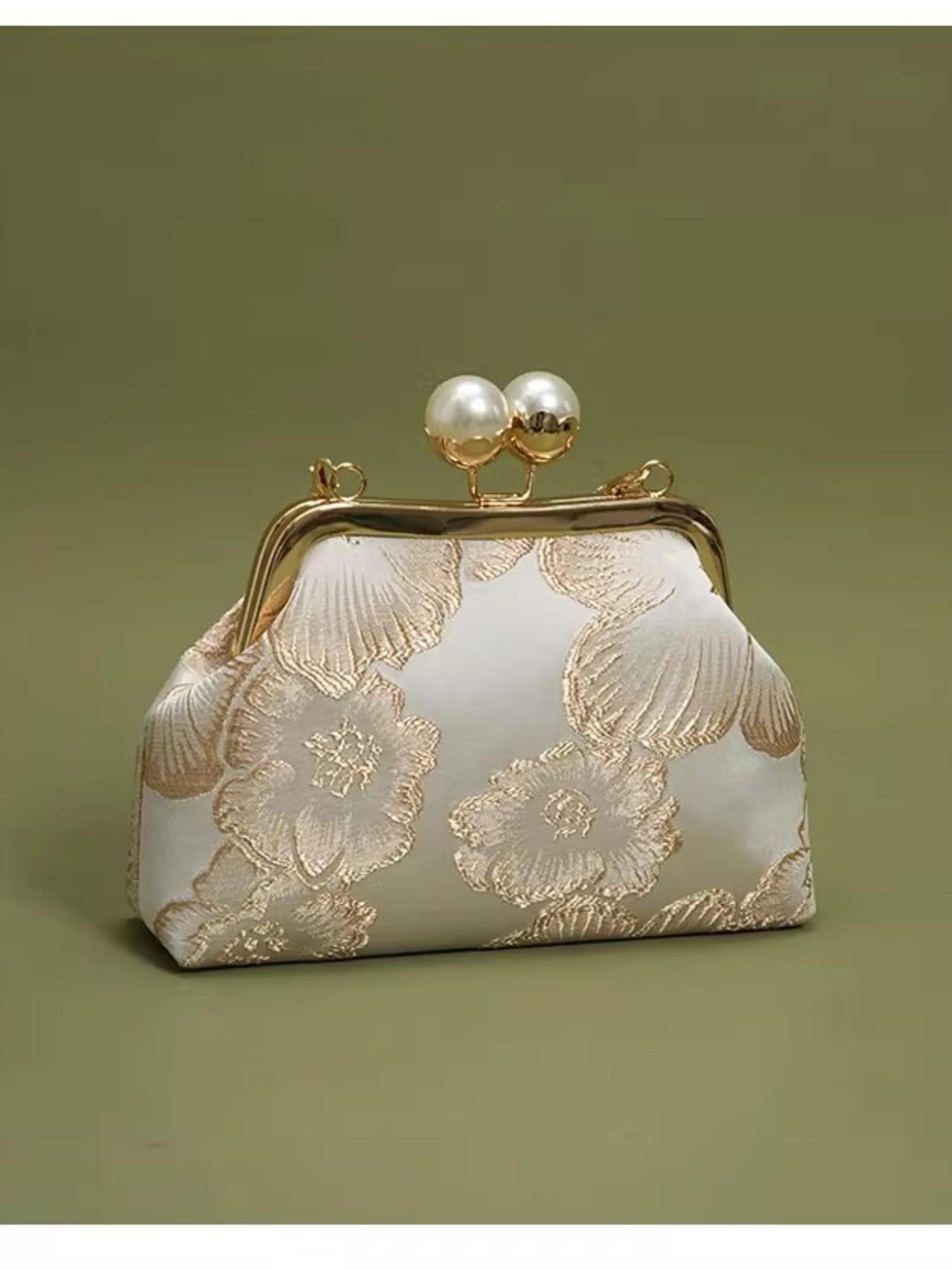 Elegant Embroidered Clutch Bag for Women, Vintage Evening Bag with Pearl Chain and Ginkgo Pattern, Perfect for Weddings and Parties