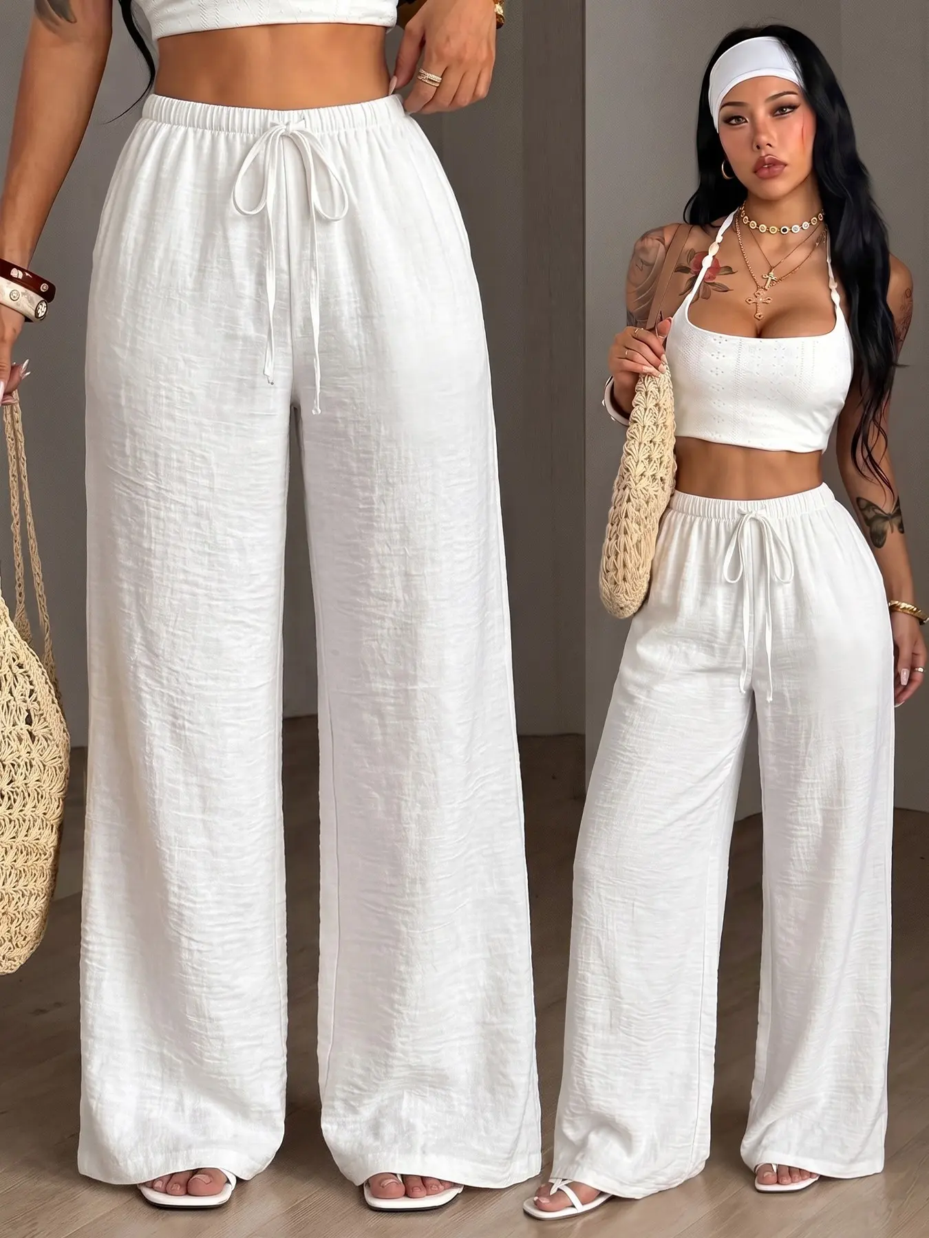 White Crinkle Texture Drawstring Elastic High Waist Wide Leg Palazzo Pants Women Linen Look Loose Flow Floor Length Trousers Boho Coastal Beach Vacation Resort Daily Casual Breathable Summer Long Bottoms #palazzopants #beachpants #bohotrousers #widelegpan