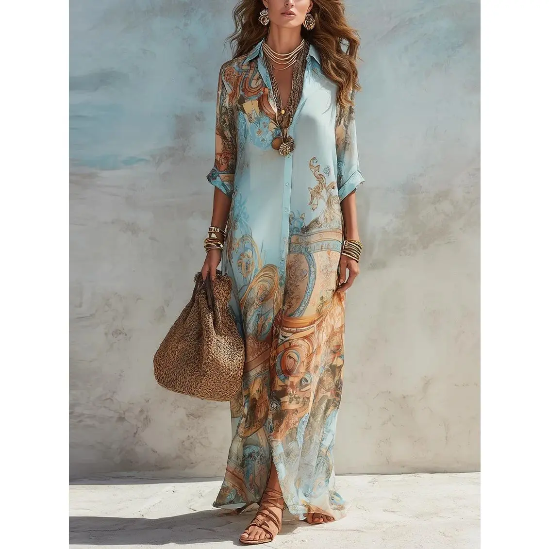 2026 Upgrade Women's Plus Size Chiffon Blend Double Layer Straight-Cut Dress with Free Matching Necklace, Digital Print, Fresh Retro Elegant Style, Casual Dresses for Daily Wear & Party, Casual Outfits Women