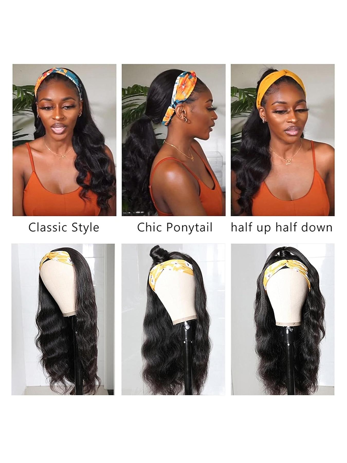 Headband Wig Human Hair Body Wave Headband Wigs for Black Women Brazilian Virgin Hair Glueless None Lace Front Half Wigs Human Hair Wear and Go Headband Wigs 180% Density