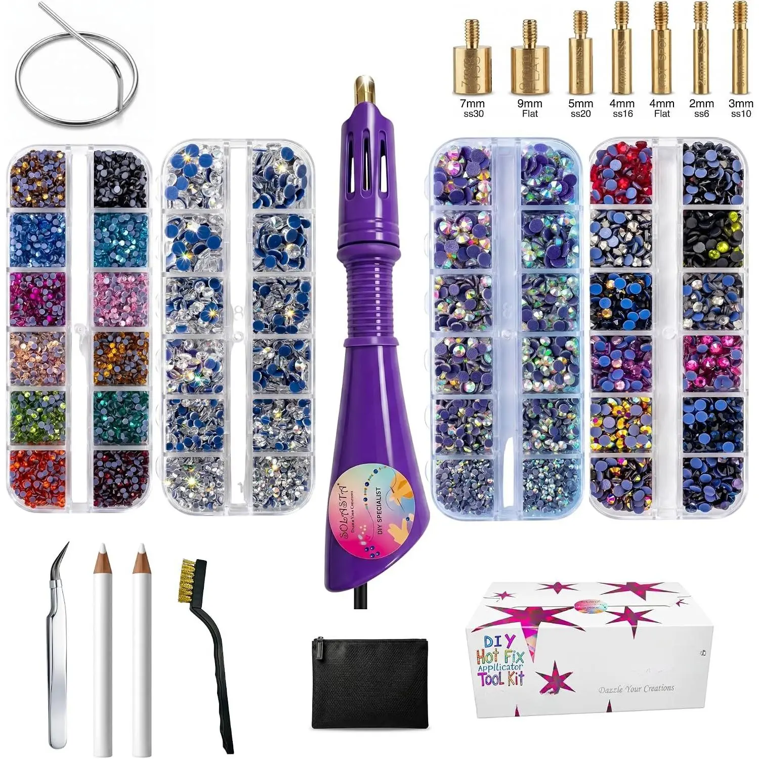 Hotfix Rhinestone Applicator Tool with 22,000 Pcz of Glass Rhinestones —  Bedazzler Kit,  Setter Wand, 7 Brass Tips, Bling for Clothes, Fabric, Denim, Shoes & DIY Crafts