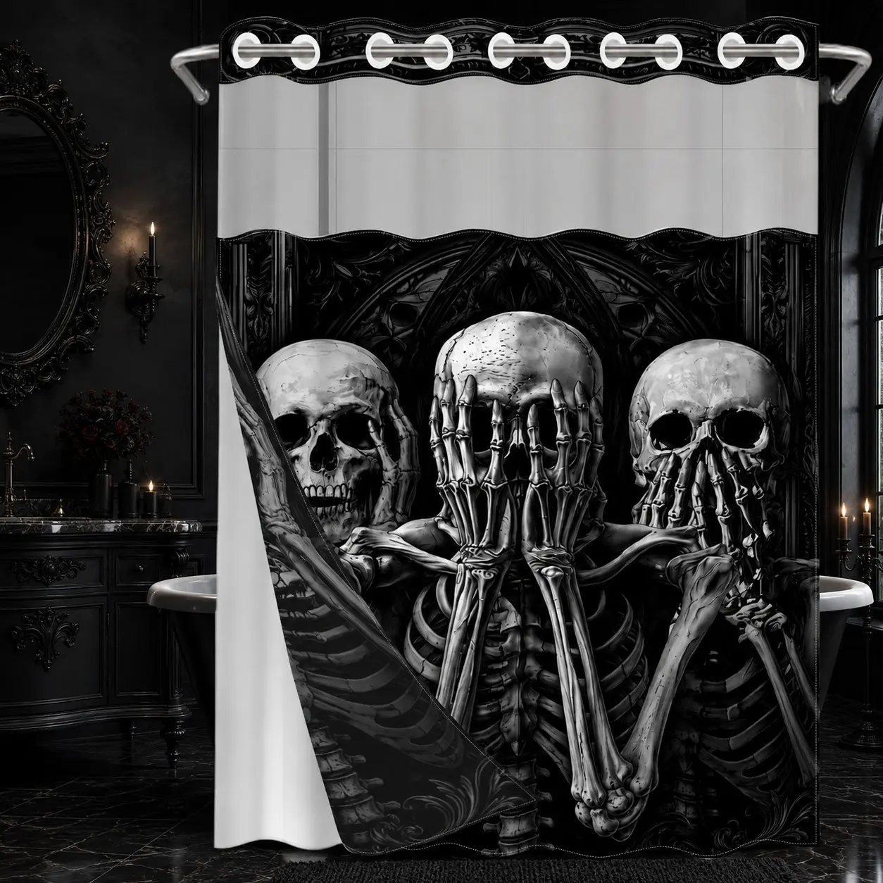 1Pc Halloween Hookless Double Layer Shower Curtain, Gothic Three Wise Skeletons Print, Snap-In Waterproof Mildew-Resistant Liner, Sheer Top Window, 71×74in, Machine Washable