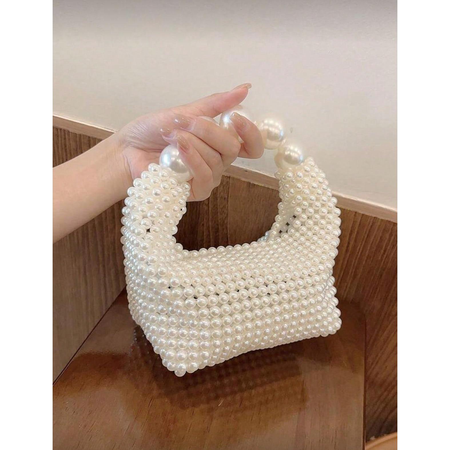 Gorgeous All-over White Pearl Beaded Handheld Evening Bag, Mini Woven Cocktail Party Clutch, Elegant Wedding Clutch, White Woven Purse, Big Chunky Pearl Ring Top Handle Mini Bead Tote Purse, Elegant Pearl Handbag for Bridal Wedding Dinner Party Night Out