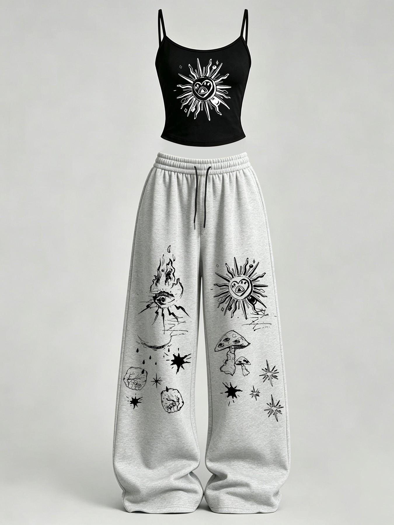 Women's Casual Home Wear Set, Sun Totem Print Slim Fit Tank Top + Loose Pants, Y2K Street Style, Daily Commute, Campus, Home Relax Women's Casual Home Wear Set, Sun Totem Print Slim Fit Tank Top + Loose Pants, Y2K Street Style, Daily Commute, Campus, Home Relax