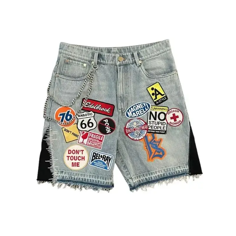 NEWNewVintage Patchwork Denim Shorts for Men & Women - Slim-Fitting Wide-Leg Y2K Jeans with Cartoon Graphics & Tropical Patterns - Machine Washable Streetwear Bottoms - Patterned