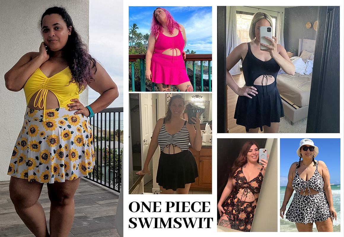 Yonique Women's Plus Size One Piece Swimsuits with Skirt, V-Neck Swimdress with Built-in Bottom, Vintage Cutout Bathing Suit for Plus Size Women, Ideal Holiday Gift for Mom, Wife, Girlfriend