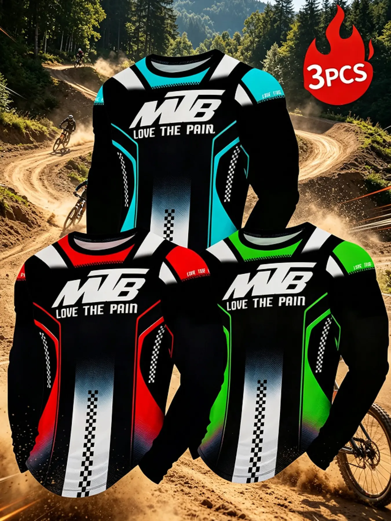 Men's Long Sleeve Cycling Jersey 3 Pack Breathable Motocross Racing Shirt Quick Dry Tops Mountain Bike Off Road Sports Long Sleeve Top For Outdoor Riding