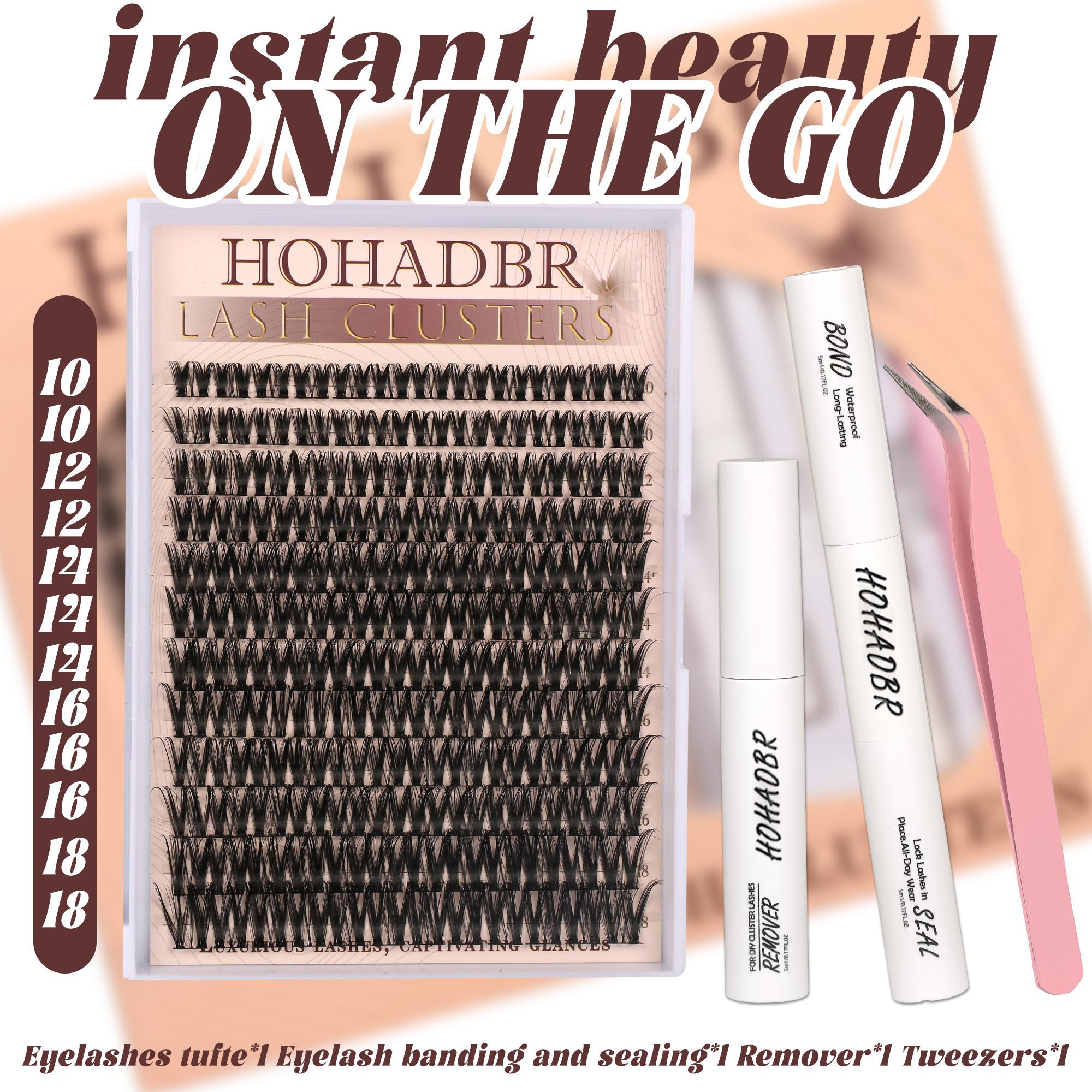 HOHADBR Fairy Lash Clusters Kit Natural Individual Lashes Wispy Eyelash Extensions 10-16mm  Lash Extension Kit Lash Bond and Seal Waterproof, Lash Applicator, Thick False Eyelashes Kit