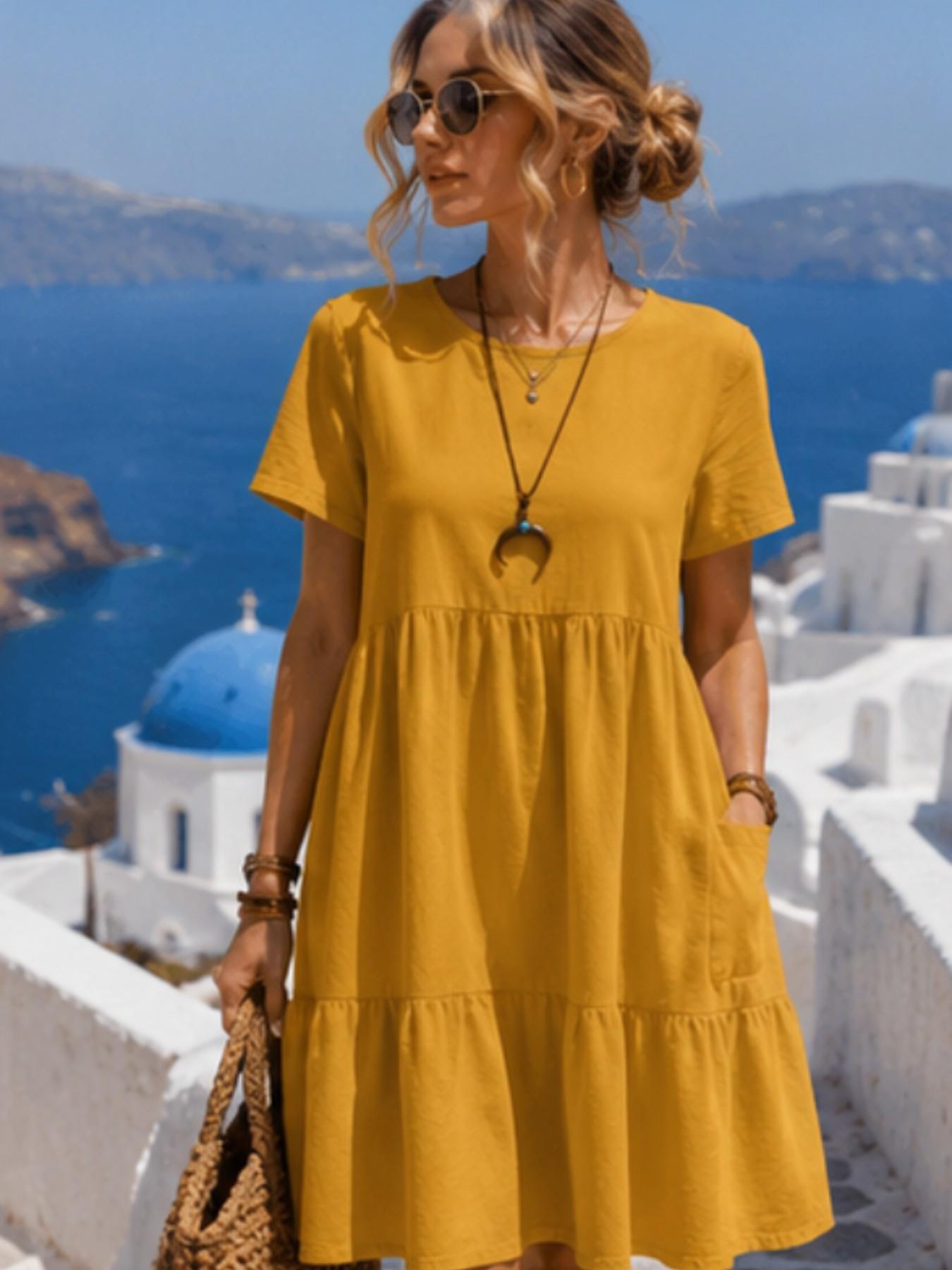 2026 Summer Cotton Linen Casual Womenswear Midi Dress, Breathable Loose Fit Short Sleeve, Round Neck Tiered Ruffle with Pockets, Comfy for Vacation & Daily Wear