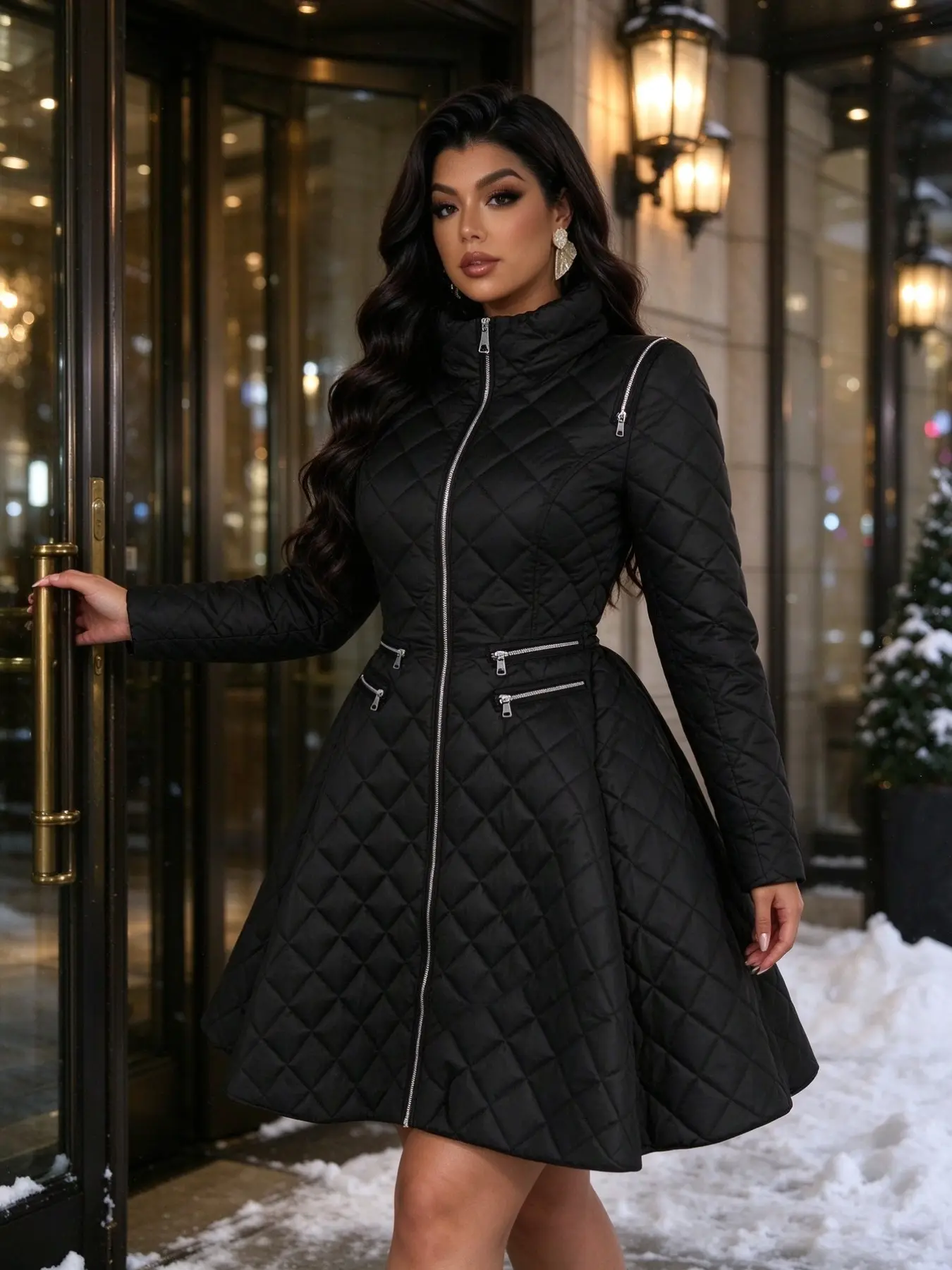 Plaid Quilted Stand Collar Waistcoat Coat, Retro Luxury Style, Warm Slimming Design, Full Zipper, Multiple Pocket Details, A-Line Hem, Jackets