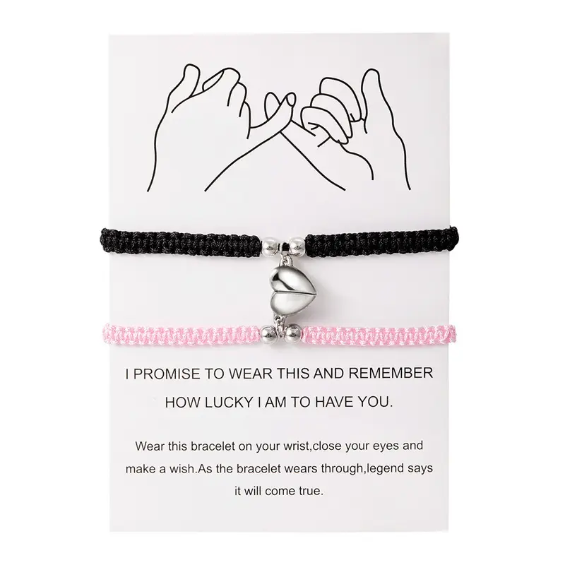 Couple's 2-Piece Beaded Hand-Woven Heart Magnetic Rope Bracelets, Romantic Daily-Wear Fashion Jewelry for Men and Women