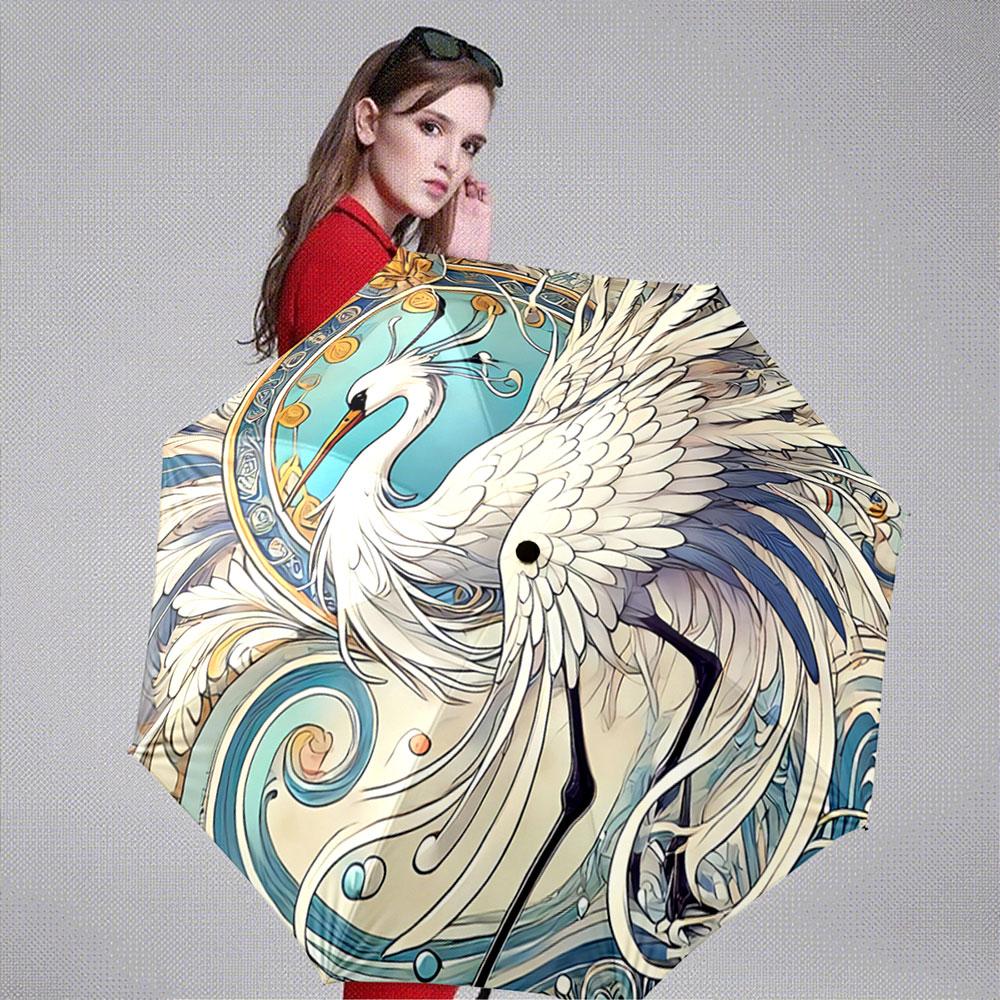 Innovative design folding umbrella with a creative crane pattern. This umbrella is suitable as a birthday gift, for various holidays, travel, and gifting.