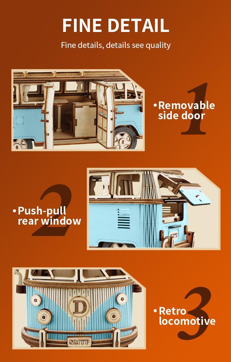Blue Camper Wooden Puzzle, Wood Car Model, 3D Assembly Toy, Educational Intelligence Toy, Realistic Car Series Decoration
