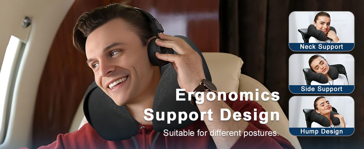 Ergonomic Breathable Neck Travel Pillow - Machine Washable, Neck Pain Relief, Bonus Eyemask, Thoughtful Gift for Airplane, Car Use (Black), Slow Rebound Technology