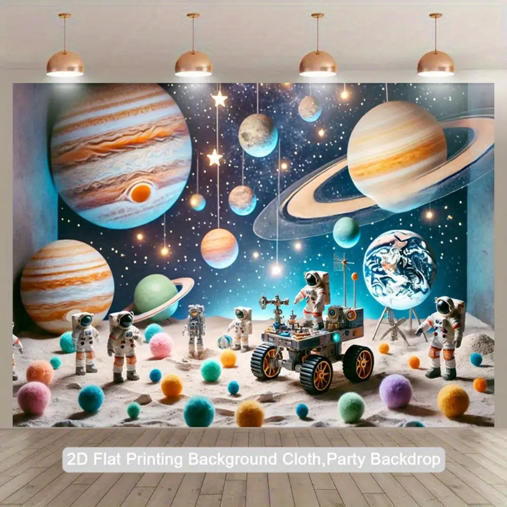 2D flat banner 1PC astronaut space exploration background fabric - Jupiter, Saturn robots and stars - deep blue space scenes, suitable for birthday parties, studios, classrooms, home decoration - durable polyester fabric indoor hanging painting - tc