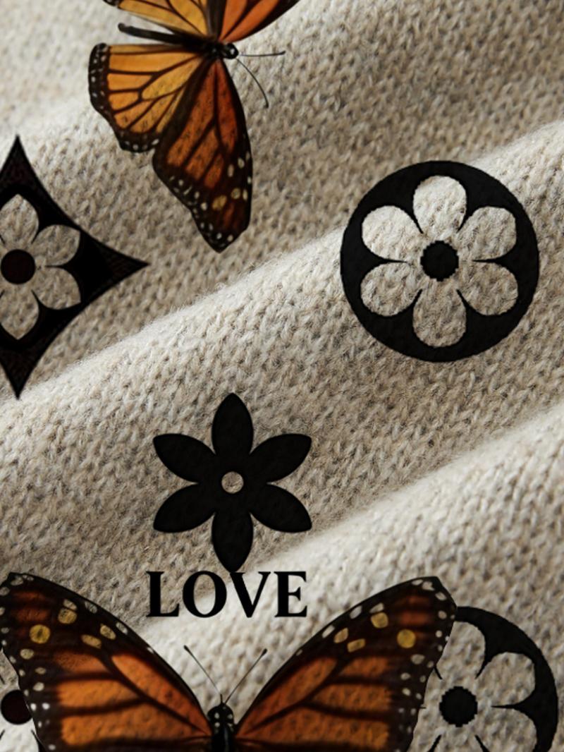 Geometric Butterfly Print Round Neck Sweater, Casual Short Sleeve Knitwear for Spring Summer Fall, Comfortable Warm Women's Clothing