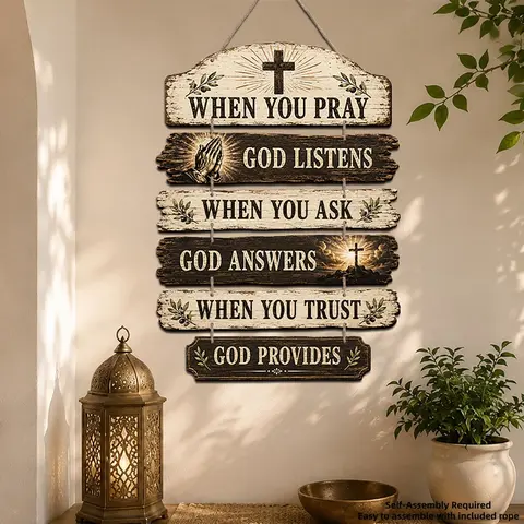 6 Piece Rustic Christian Interior Wall Decor Hangings, Cross Lily Pattern Wooden Ornaments, Home Room Kitchen Office Baptism Christmas Thanksgiving Decor