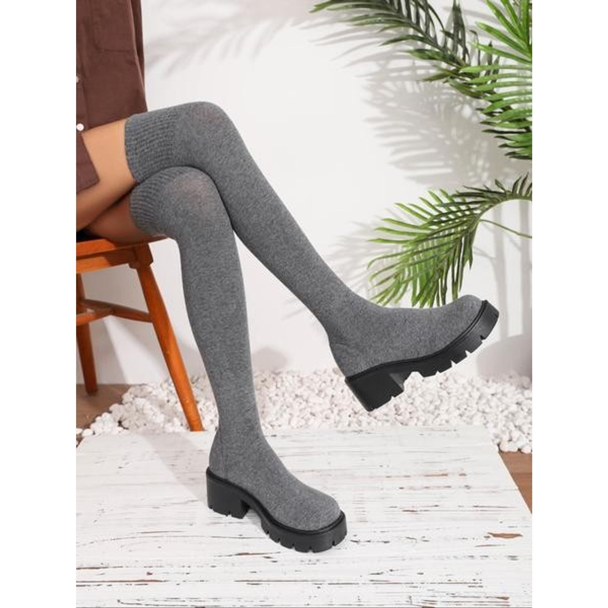 Women's Over-The-Knee Sock Boots, Fall & Winter Sexy Style Knitted Long Booties, Thick Sole Textile Upper Rubber Sole, Daily Wear Boots