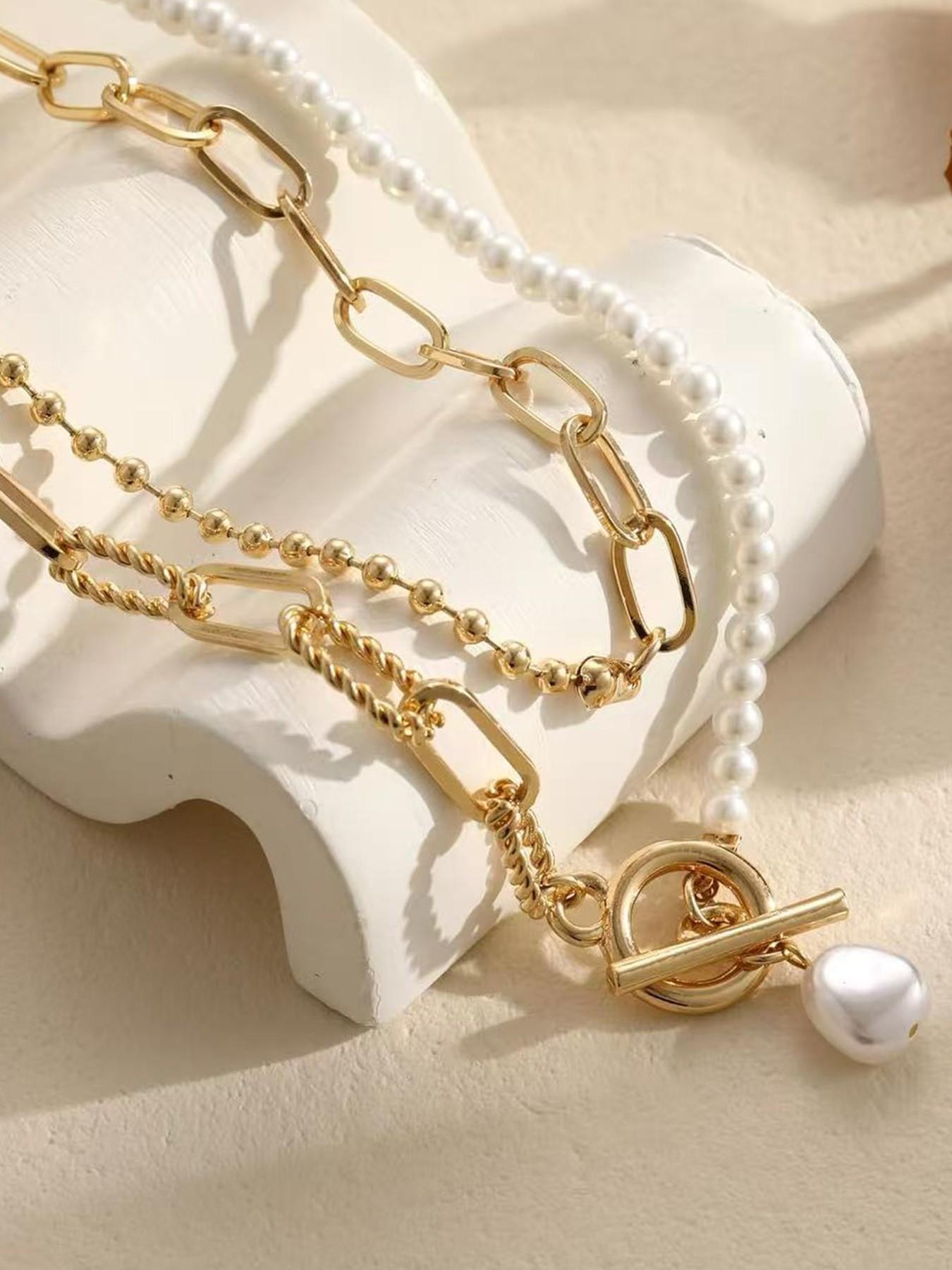 Layered Pearl Chain Necklace for Women, 14K Gold Plated Pearl Link Toggle Clasp Necklace, Dainty Trendy Layered Choker Chunky Jewelry Fashion Gift for Women