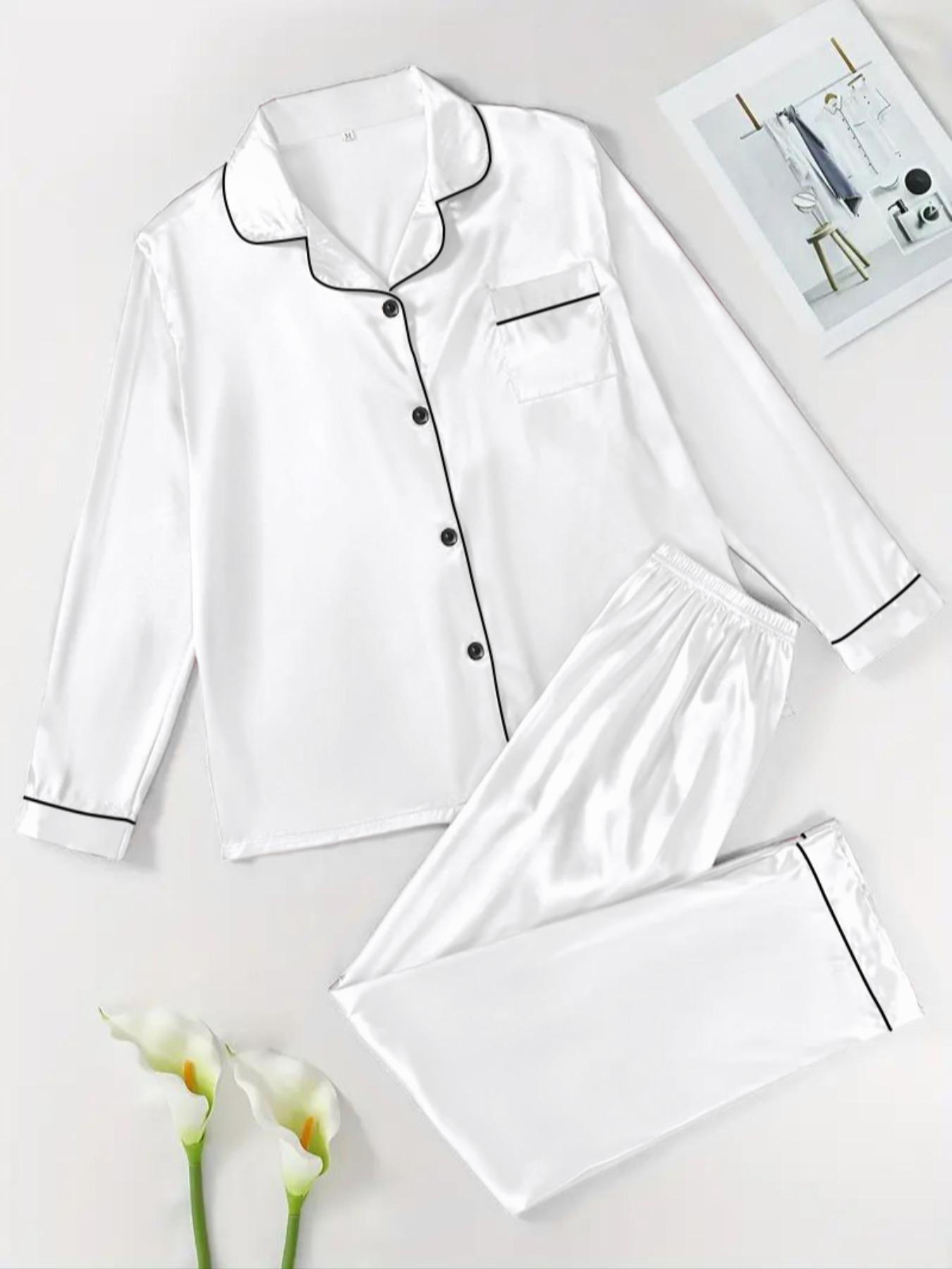 【Valentine's Day】Two-Piece Set Women's Solid Contrast Binding Satin Pyjamas, Pajamas, Long Sleeve Lapel Button Front Shirt & Elastic Waist Pants PJ Set, Casual Comfortable Sleepwear Set for Women