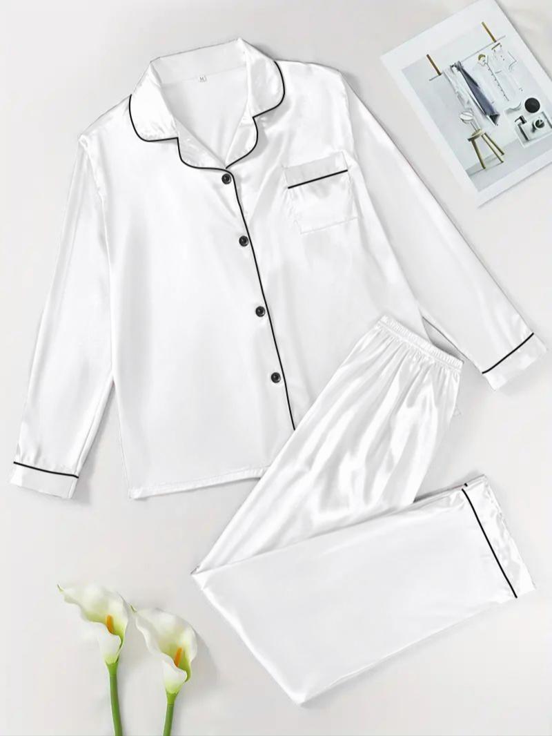 【Valentine's Day】Two-Piece Set Women's Solid Contrast Binding Satin Pyjamas, Pajamas, Long Sleeve Lapel Button Front Shirt & Elastic Waist Pants PJ Set, Casual Comfortable Sleepwear Set for Women