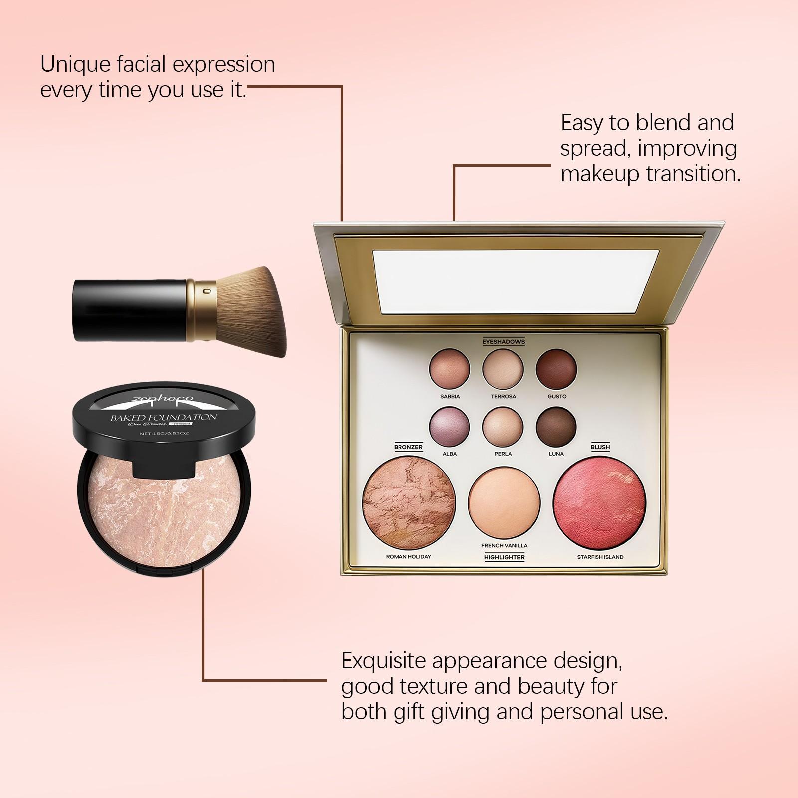 Makeup Palette Set, 4-in-1 Eyeshadow Highlighter Contour Blush with 15g Baked Foundation & Makeup Brush, Natural Long-Lasting Full Face Makeup Kit