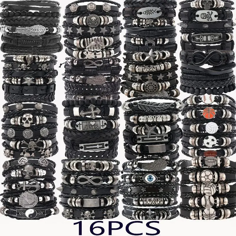 Men's 16pcs Assorted Mixed Bracelets & Bangles Set, Handwoven Adjustable Jewelry Stack, 16 Looks to Mix, Holiday Gifts for Boyfriends Unique Gifts for Man