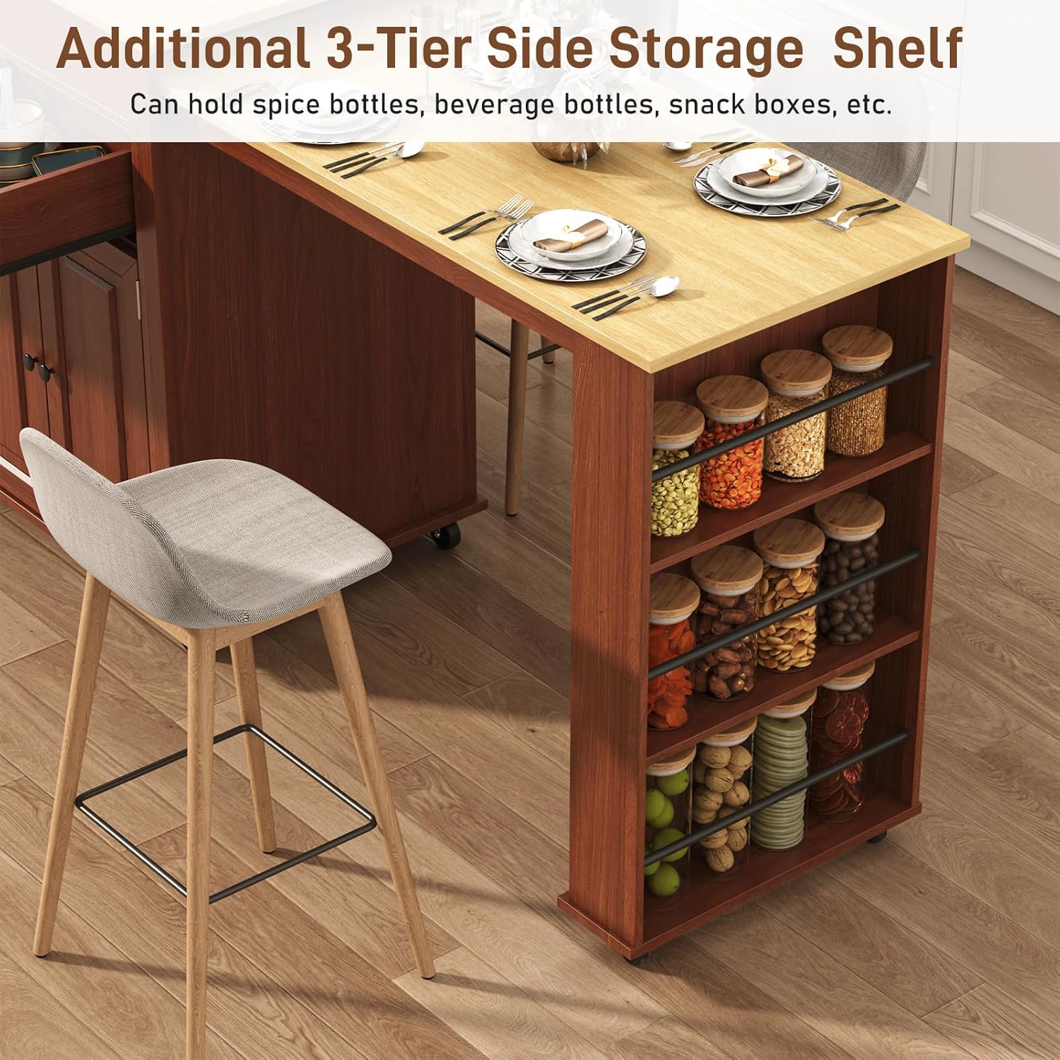 80"-48" Extendable Kitchen Island with Extended Dining Table and Power Outlet,Large Mobile Kitchen Storage Islands with 2 Storage Drawers,Rolling Islands Cart with 3 Extra Rows Open Shelves(White/Black/Brown/Blue)