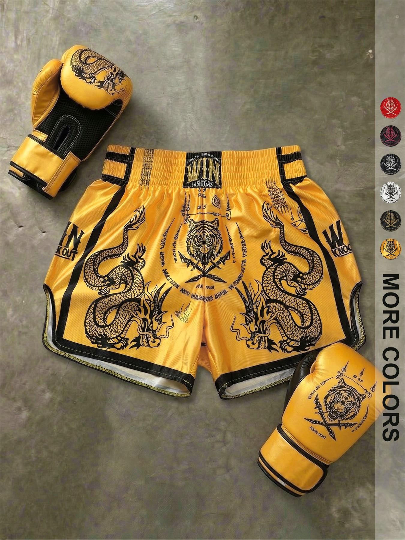 Men's Short Pants Set, Elastic Waist, High Stretch, High-Waisted, Super Short, Glossy Fabric, Dragon Tiger Print, Muay Thai Shorts