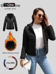 Geschallino Women's Lightweight Fitted Long Sleeve Winter Cotton Jacket with Pockets, Casual Fall & Winter Hooded Coat for Daily Commute