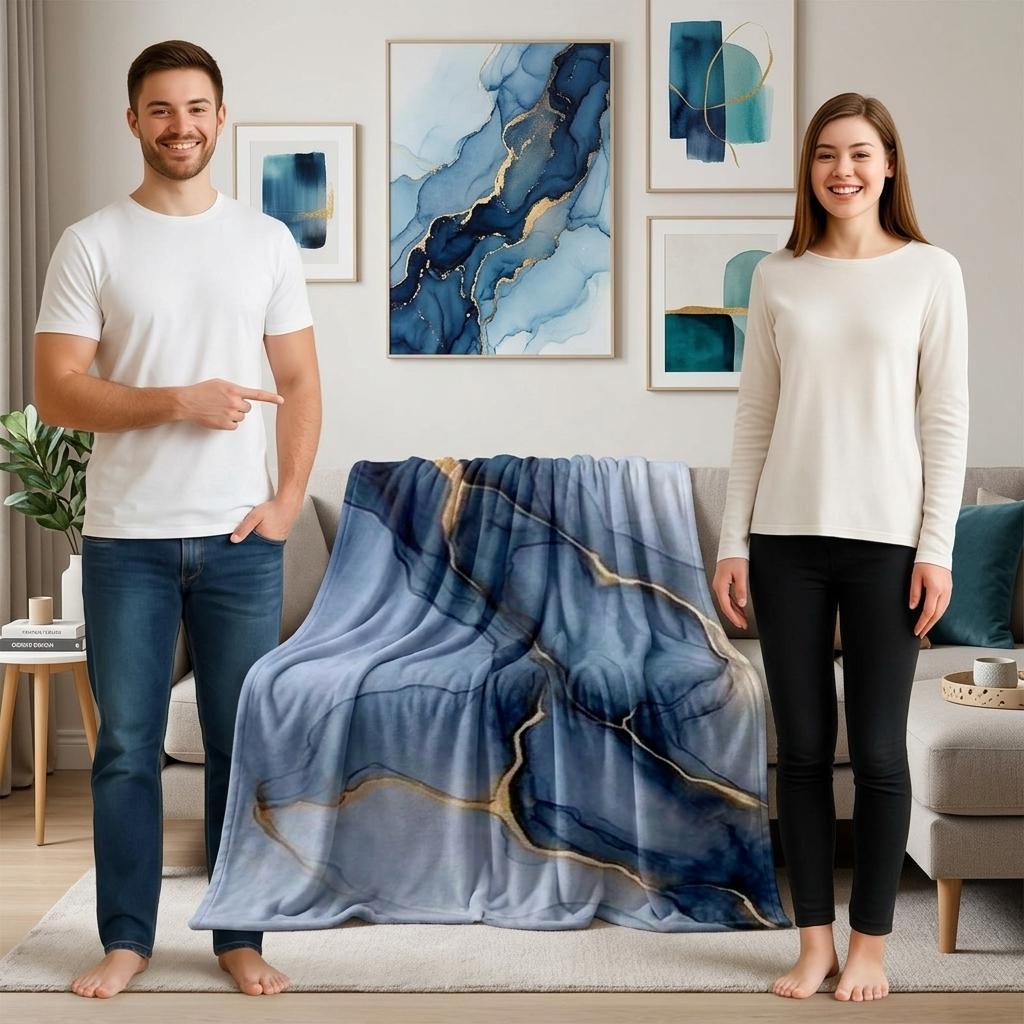 1 piece Blue-gray marble texture with golden crack design themed flannel blanket - All-season flannel blanket, suitable for sofas and beds, super soft and comfortable, modern design, digitally printed pattern, 100% polyester material, machine