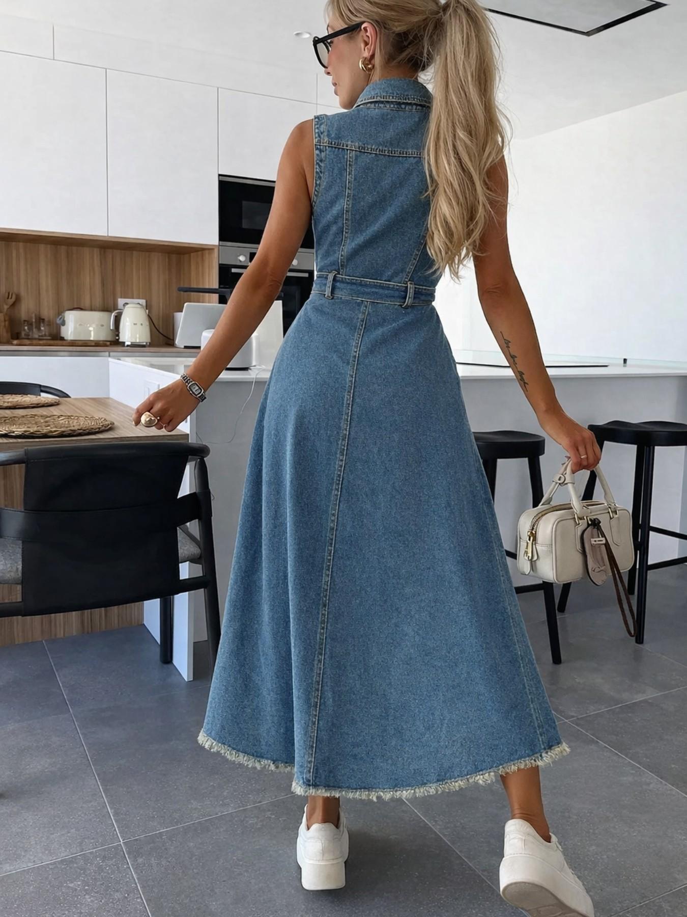 Women's Summer Vintage Elegant Waist Cinched Asymmetric Hem Front Button Sleeveless Denim Dress, Casual Fashion for Spring & Fall