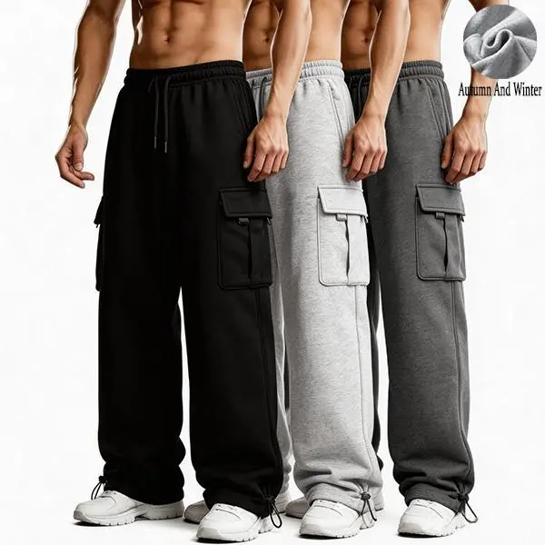 Men's 3-Piece Solid Color Loose-Fitting Sweatpants - Drawstring Waist, Straight Leg, Pockets, Comfortable Activewear for Autumn Winter, Commuting | Mensfashion Bottoms