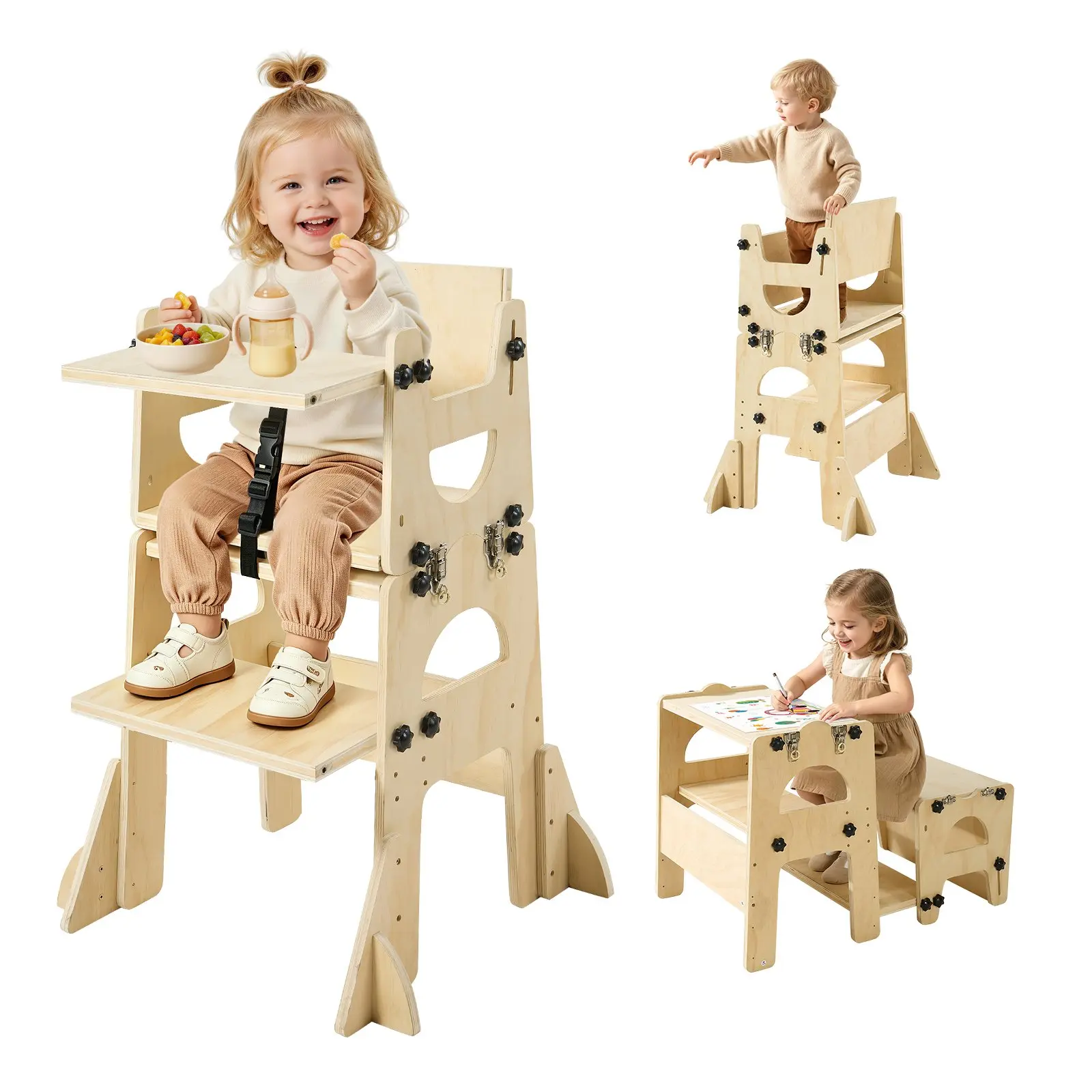 VEVOR Wooden Toddler Tower - Poplar Wood, Natural Finish, Adjustable Levels Step Stool Set with Single Child Seat, Chalkboard, Backrest for Kids 1-5, Montessori Weaning Table & Chair for Kitchen Counter