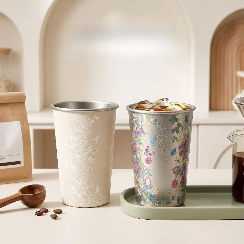 Floral & Fruit Print Color Changing Cold Cup, Stainless Steel Iced Coffee Mug, Portable Heat Sensitive Cold Drink Tumbler for Home & Outdoor