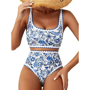 Women's Bikini Sets Floral Print Whip Stitch 2 Piece Swimsuits High Waisted Scoop Bathing Suits