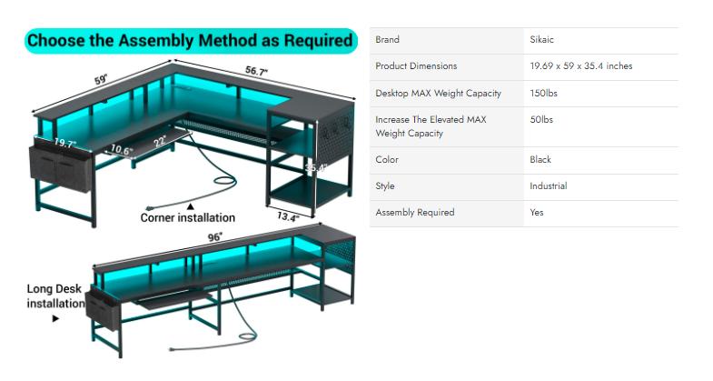 Sikaic L Shaped Reversible LED Gaming Desk With Power Outlets Strip Monitor Shelf Keyboard Tray Pegboard And Storage Shelves Furniture Modern Organization