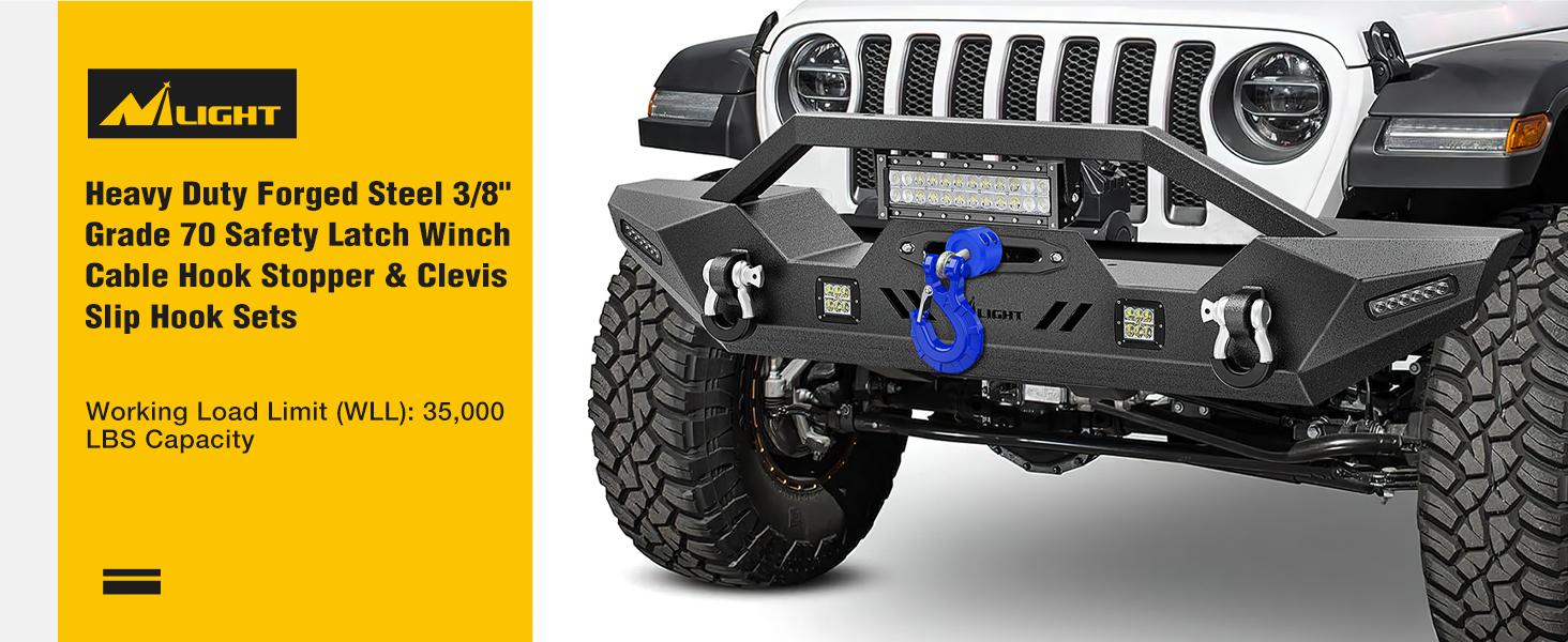 Nilight Forged Steel Winch Hook 3/8" Grade 70 Safety Latch Winch Cable Hook Stopper & Clevis Slip Hook Sets, Included Allen Wrench,Max 35,000 lbs Heavy Duty Synthetic Rope